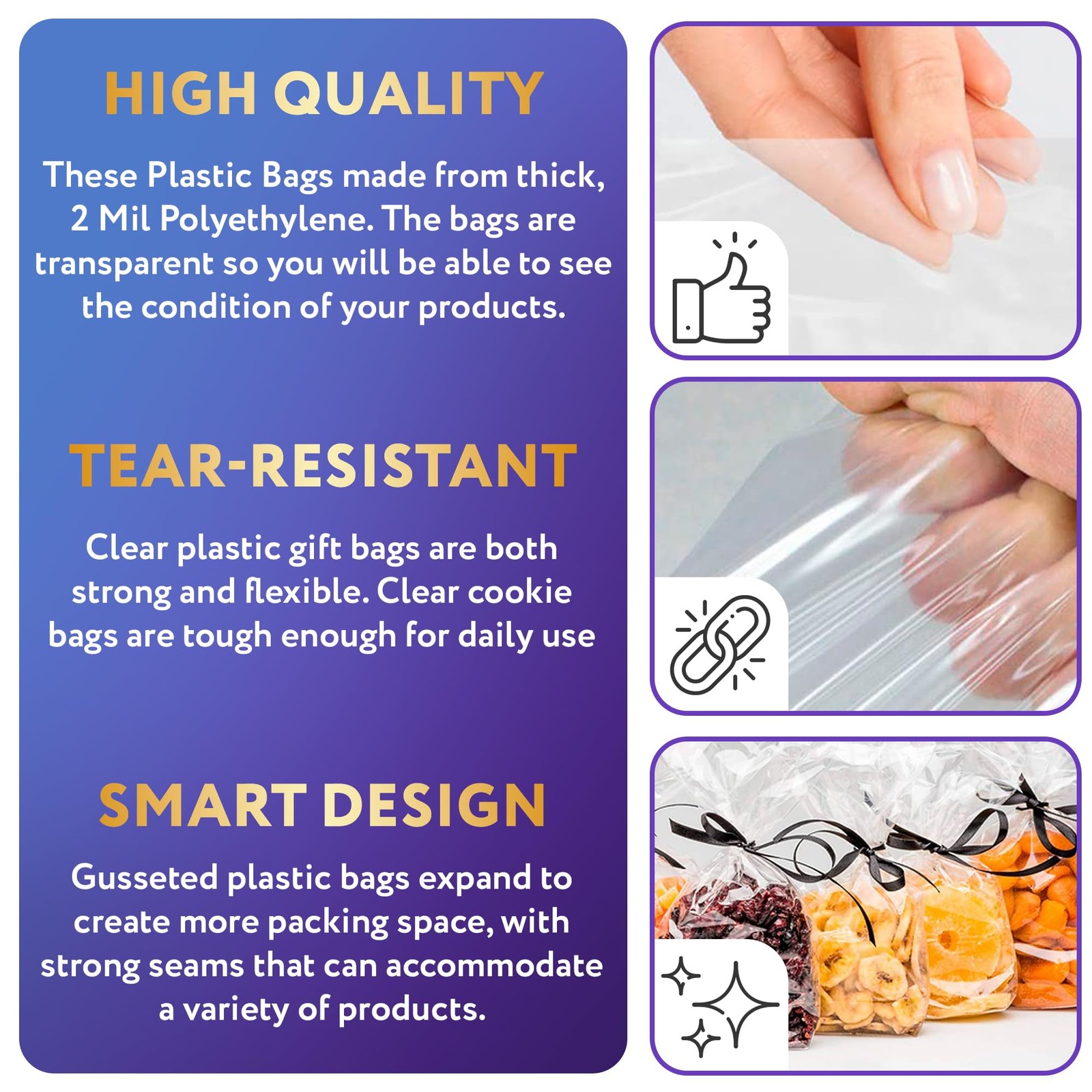 Clear Gusseted Poly Bags 8x4x18 Inches 2 Mil Side Gusset Plastic Bag 100 Pack