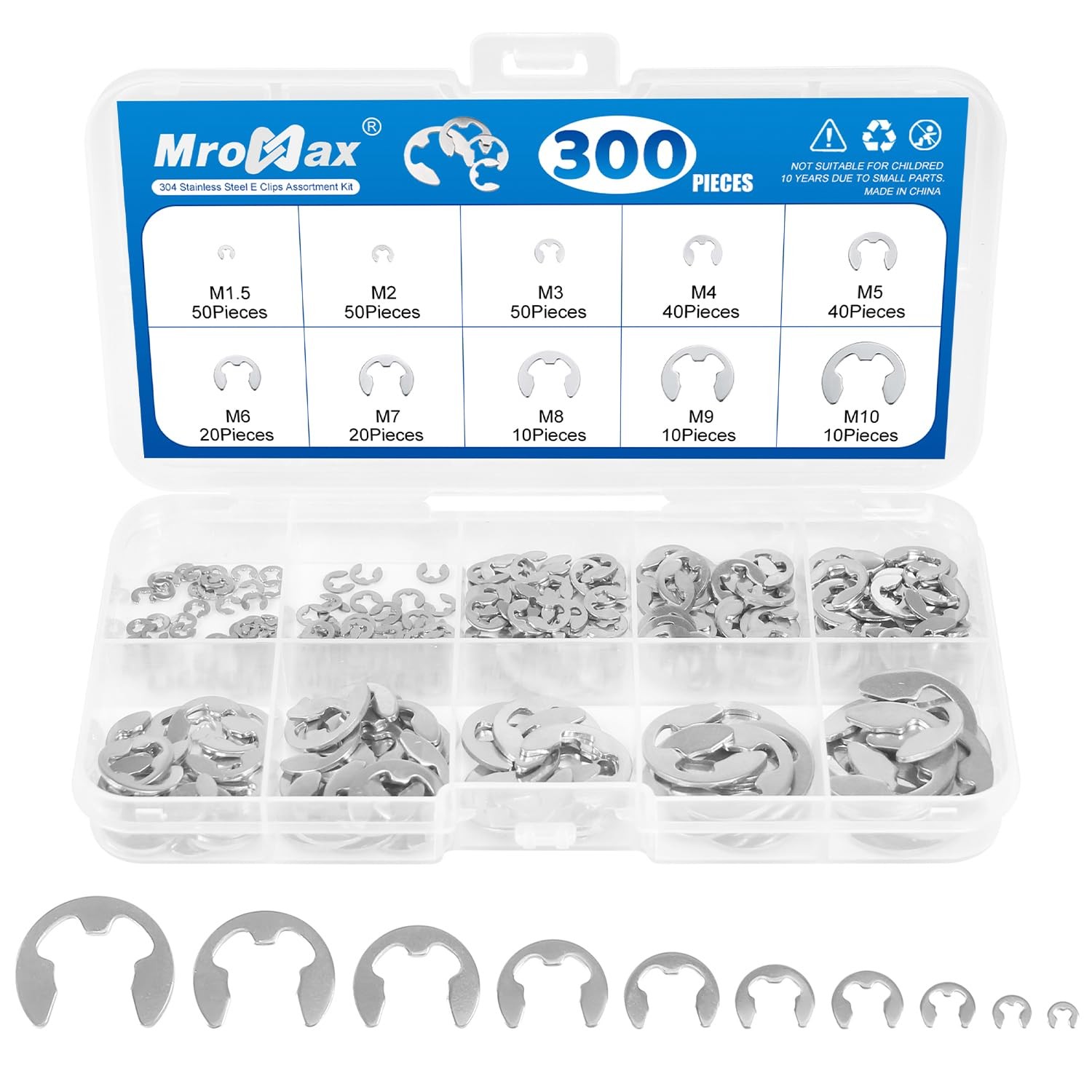 300Pcs Stainless Steel E-Clip Assortment Kit 10 Sizes M1.5-M10 External Circlip