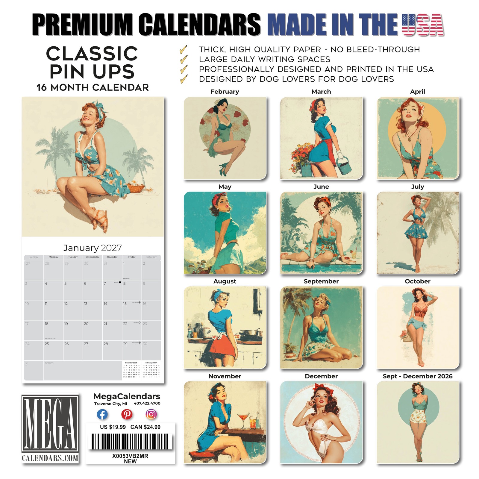 Classic Pin Up 2027 Wall Calendar with Bonus Months 12×12 Retro Art Gift Decor