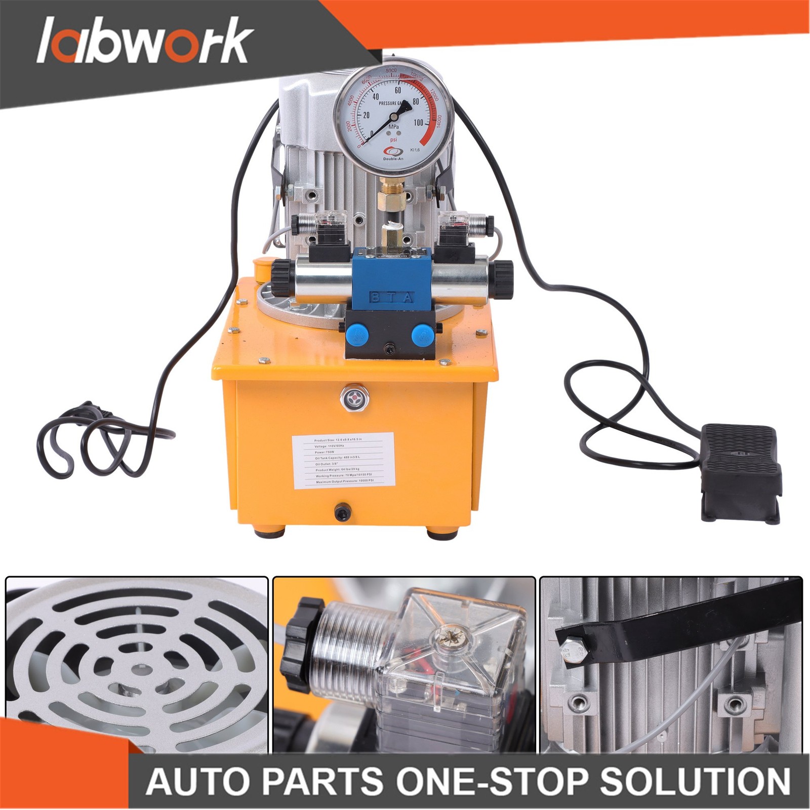 Labwork 10000 PSI Double Acting Hydraulic Pump 8L 0.7L/min 750W 110V