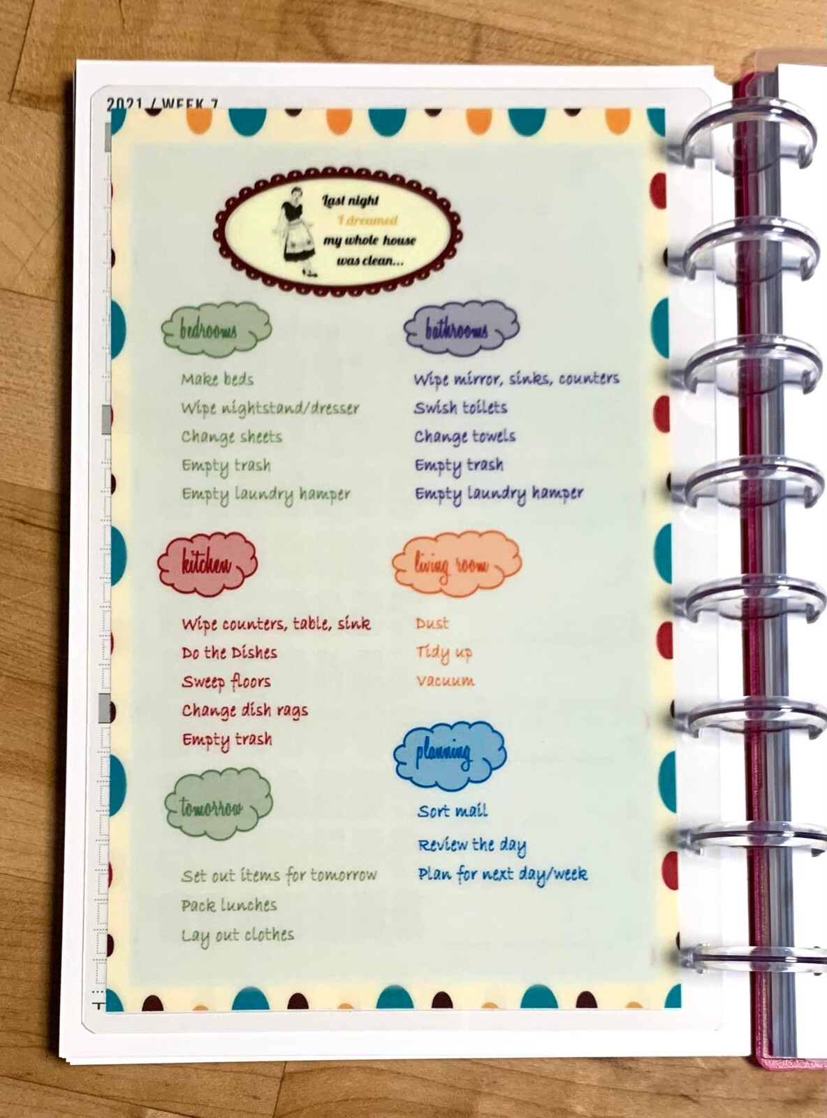 Daily Chores Cleaning DASHBOARD Insert FOR USE with the TUL/Arc (8 disc) Planner