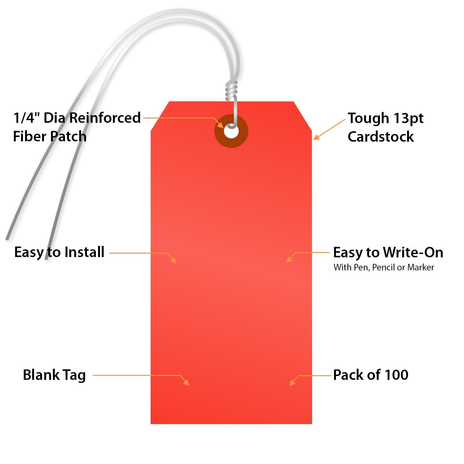 Fluorescent Red Blank Tags Pre Attached Wires 100 Pack, Size 5 Cardstock Label