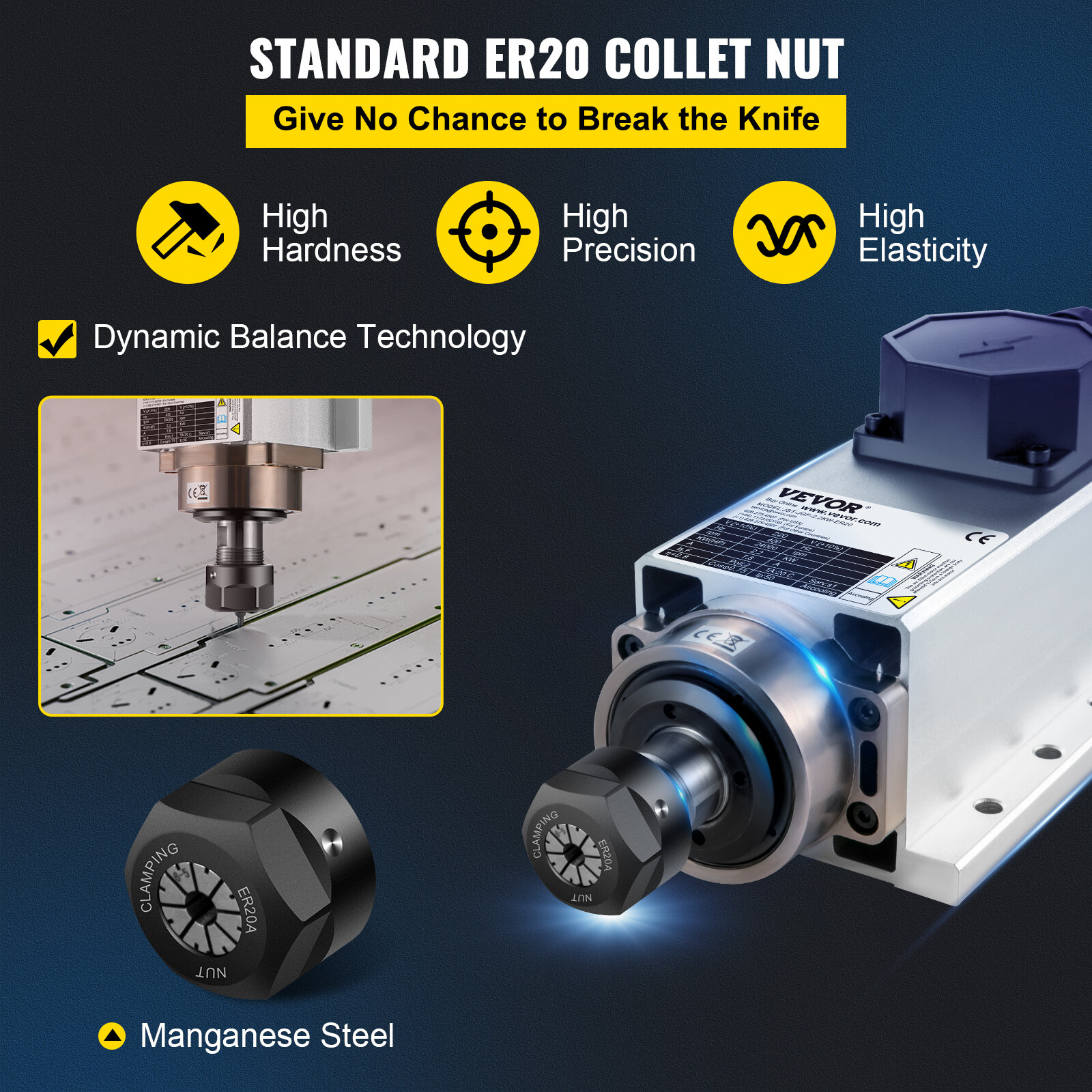 VEVOR Square CNC Spindle Air Cooled Motor 2.2KW 220V ER20 Collet Ceramic Bearing