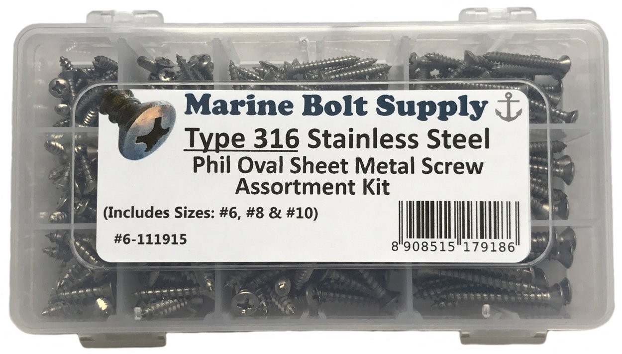 Type 316 Stainless Steel Phillips Drive Oval Head Sheet Metal Screw Kit – 6-1…