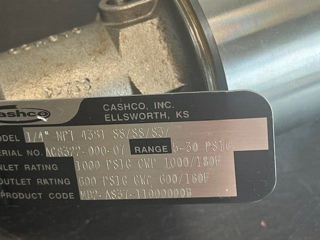 Cashco 1/4″ NPT 4381 SS/SS/S3 Pressure Reducing Regulator 5 to 30PSI Range NEW