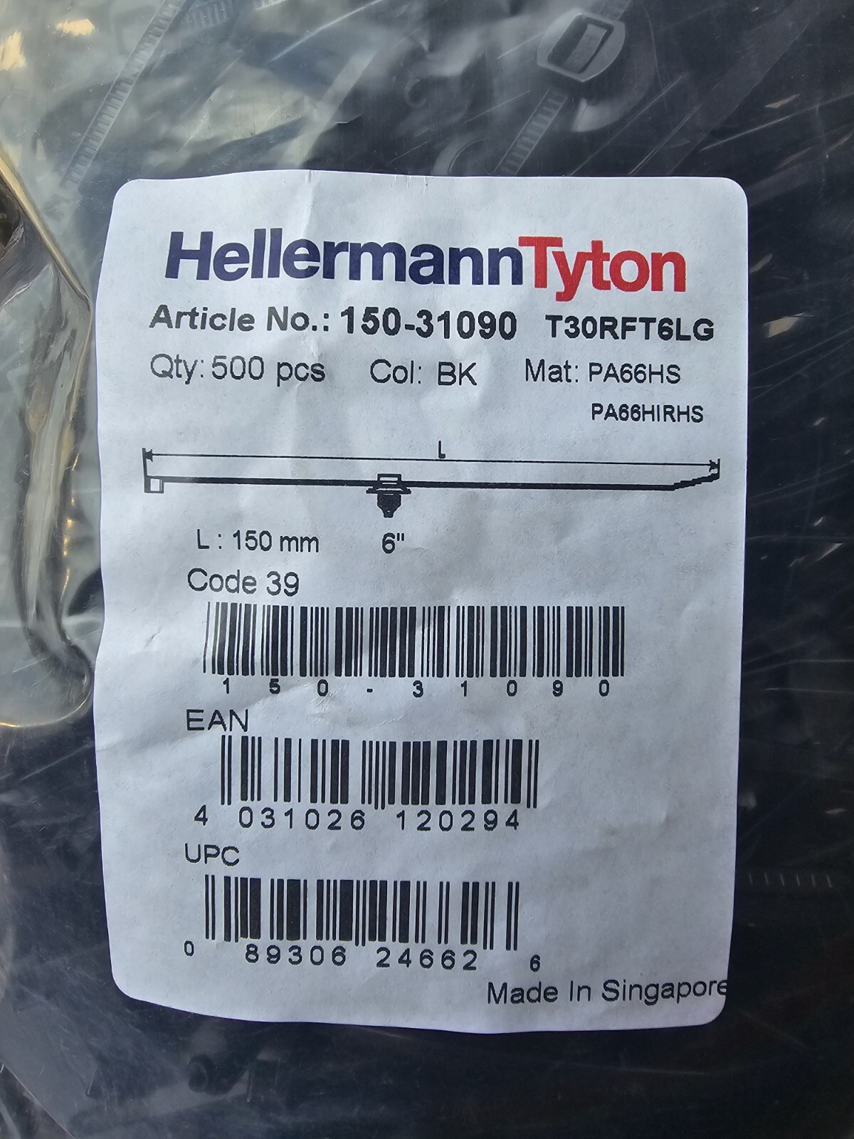 500 PCS Hellermann Tyton 6″ or 150mm Specality Tie Wrap PA66HS T30RFT6LG