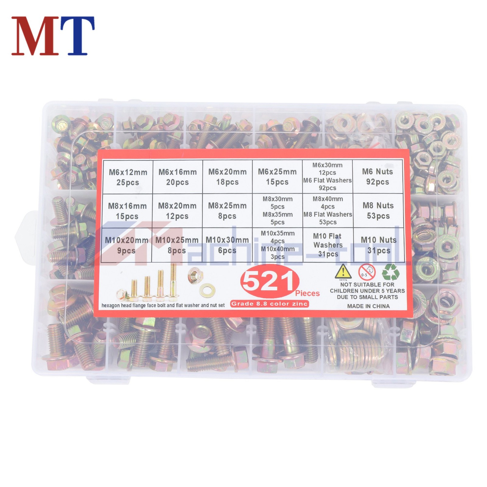 521x Flanged Hex M6 M8 M10 Silver Flange Bolts Assortment Kit for Industrial use