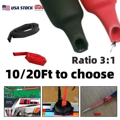 Waterproof Marine 3:1 Heat Shrink Tubing Glue Adhesive Lined Black or Red Ratio