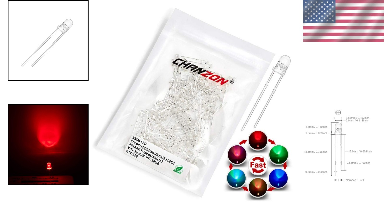 100 Pcs 3mm RGB LED Diodes – Fast Blinking Multicolor Lights for DIY Projects