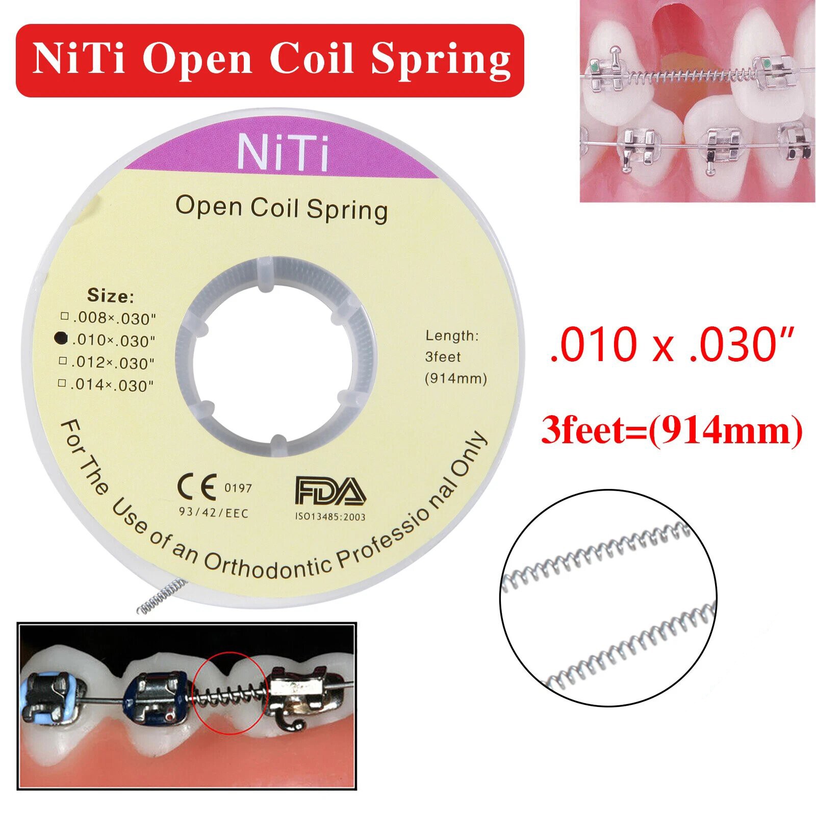 Orthodontic Dental Braces Niti Open Coil Spring Dia.012 Inch/.010 Inch 914mm
