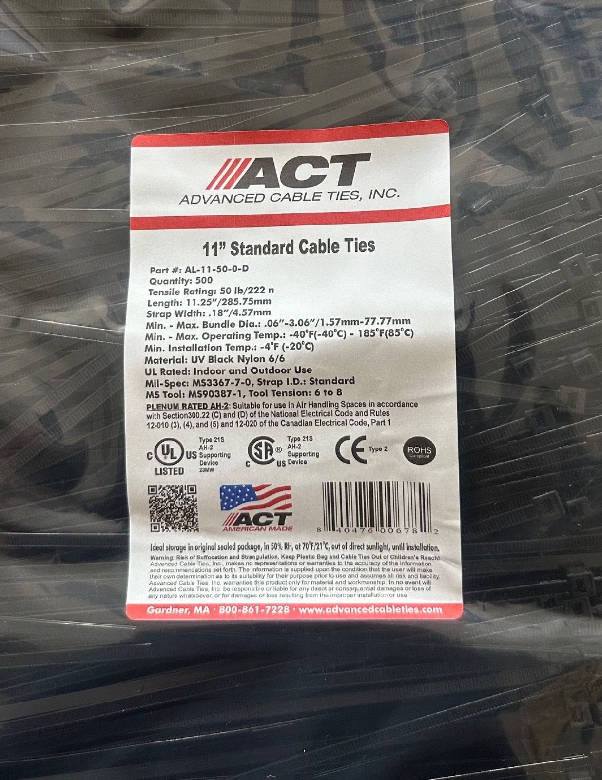 11-Inch UV Protected Black Cable Ties – Pack of 500, Made in USA