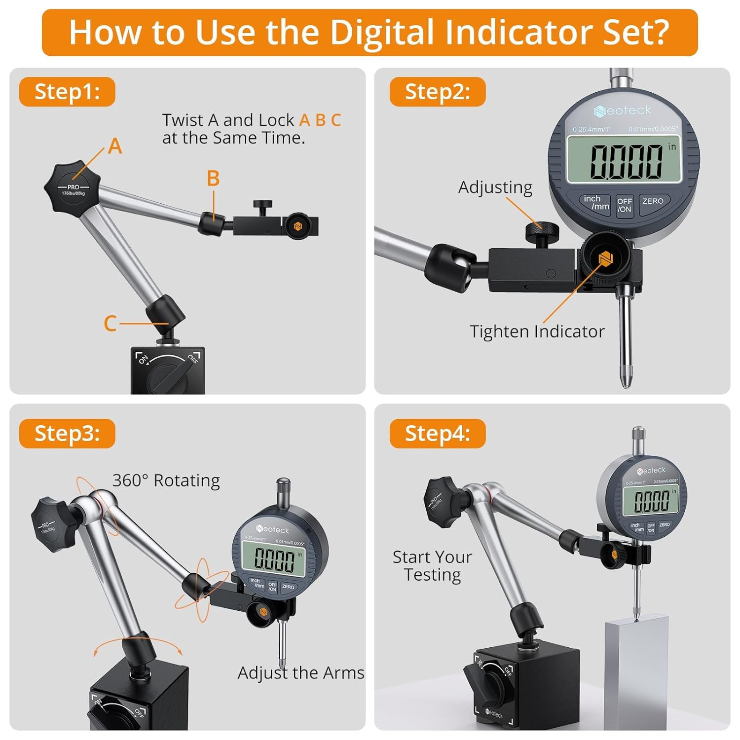 Digital Dial Indicator Gauge and Magnetic Base Set with Storage Case 0-1 Inch/ 2