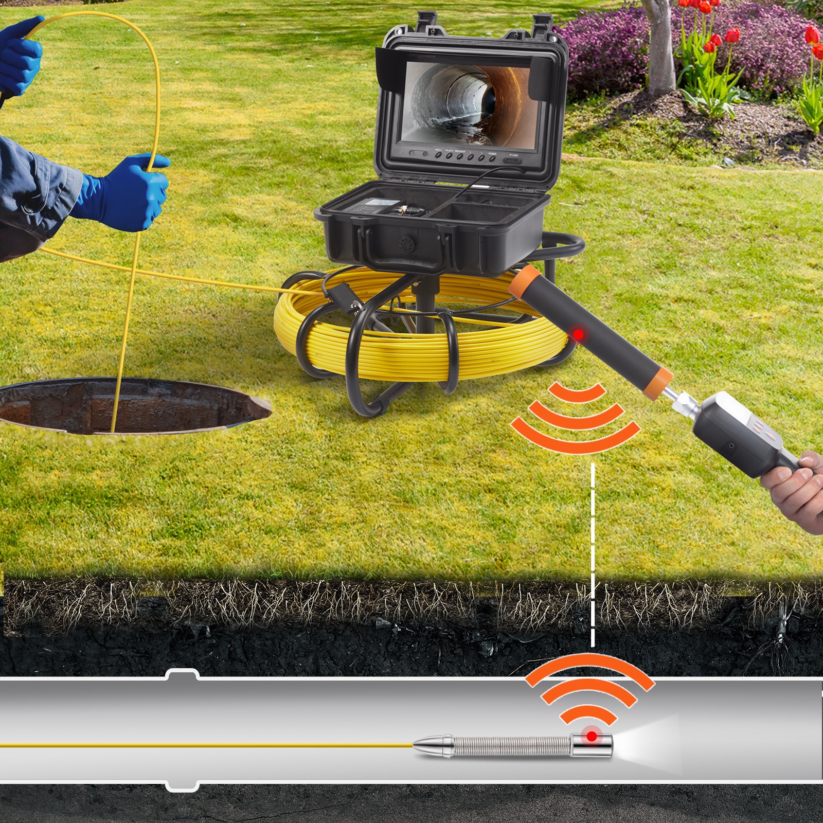 VEVOR Sewer Camera Pipe Inspection Camera w/ 512hz Sonde 9in 720p Screen 164 ft