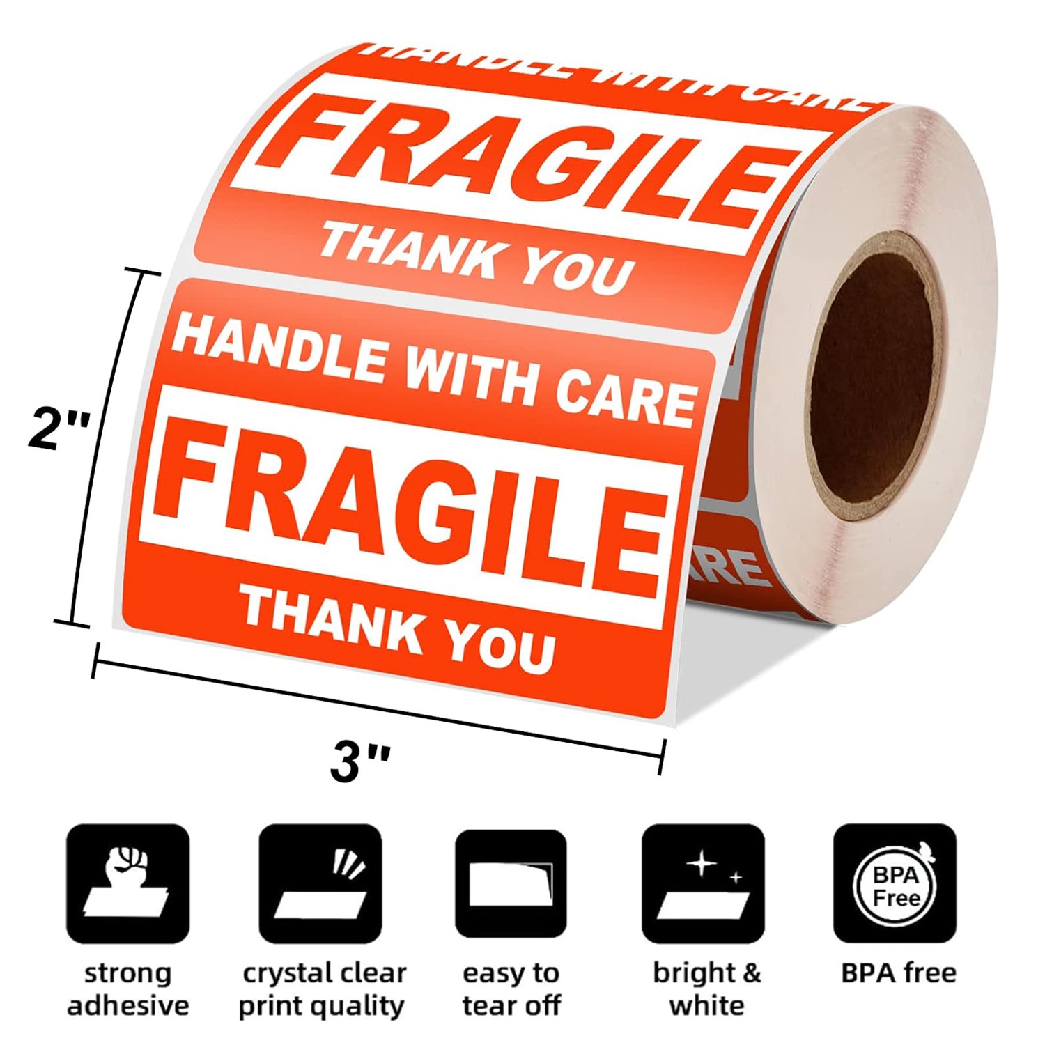 2″x3″ Fragile Stickers 500/Roll Fragile Label Sticker Handle With Care Mailing