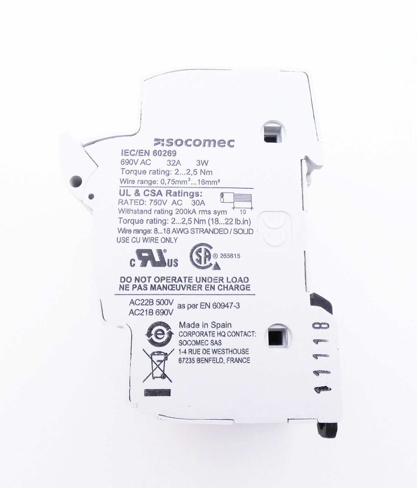 Socomec RM 32 57010018 10×38 3P 32A 690VAC Fuse Disconnector -Unused-