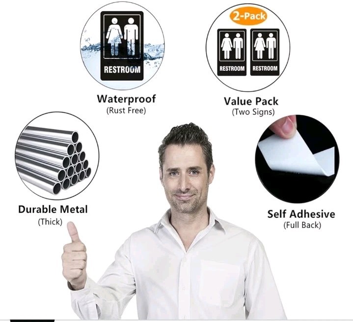 Restroom Signs Self-Adhesive For Business, Home, For Door, Wall, Rust Free 2 PK