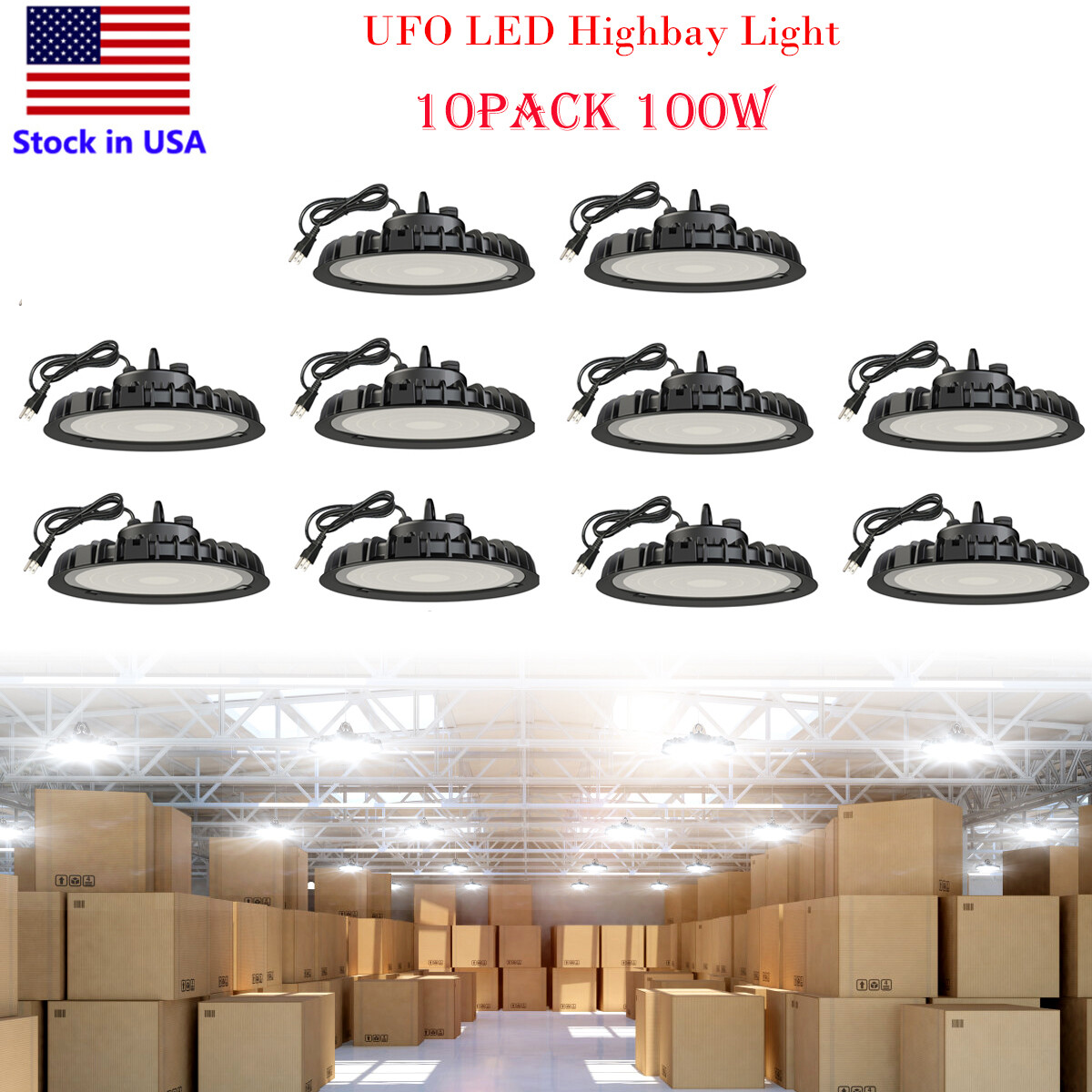 Led UFO High Bay Lights 100W 6000K with 5′ UL Cable Stadium Warehouse Shop Light