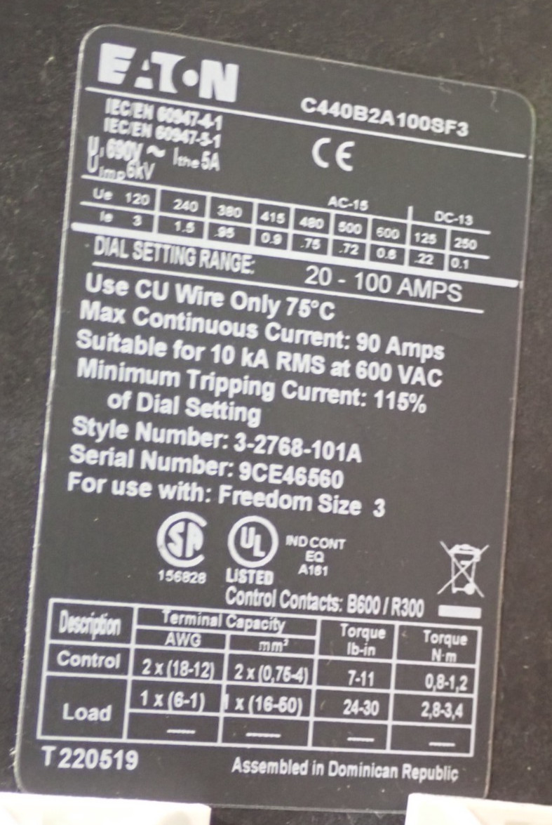 Eaton AN19KN0 Size 3 90 Amp600v Starter w/ 9-2756-1 120V Coil 20-100A OL S1022