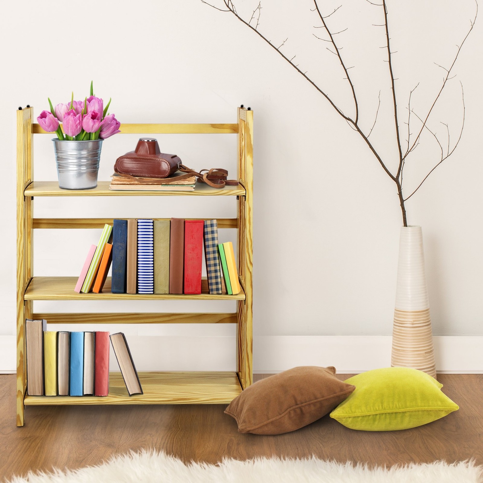 Casual Home 3-Shelf 27.5″ Wide Folding Stackable Bookcase, Natural (New)