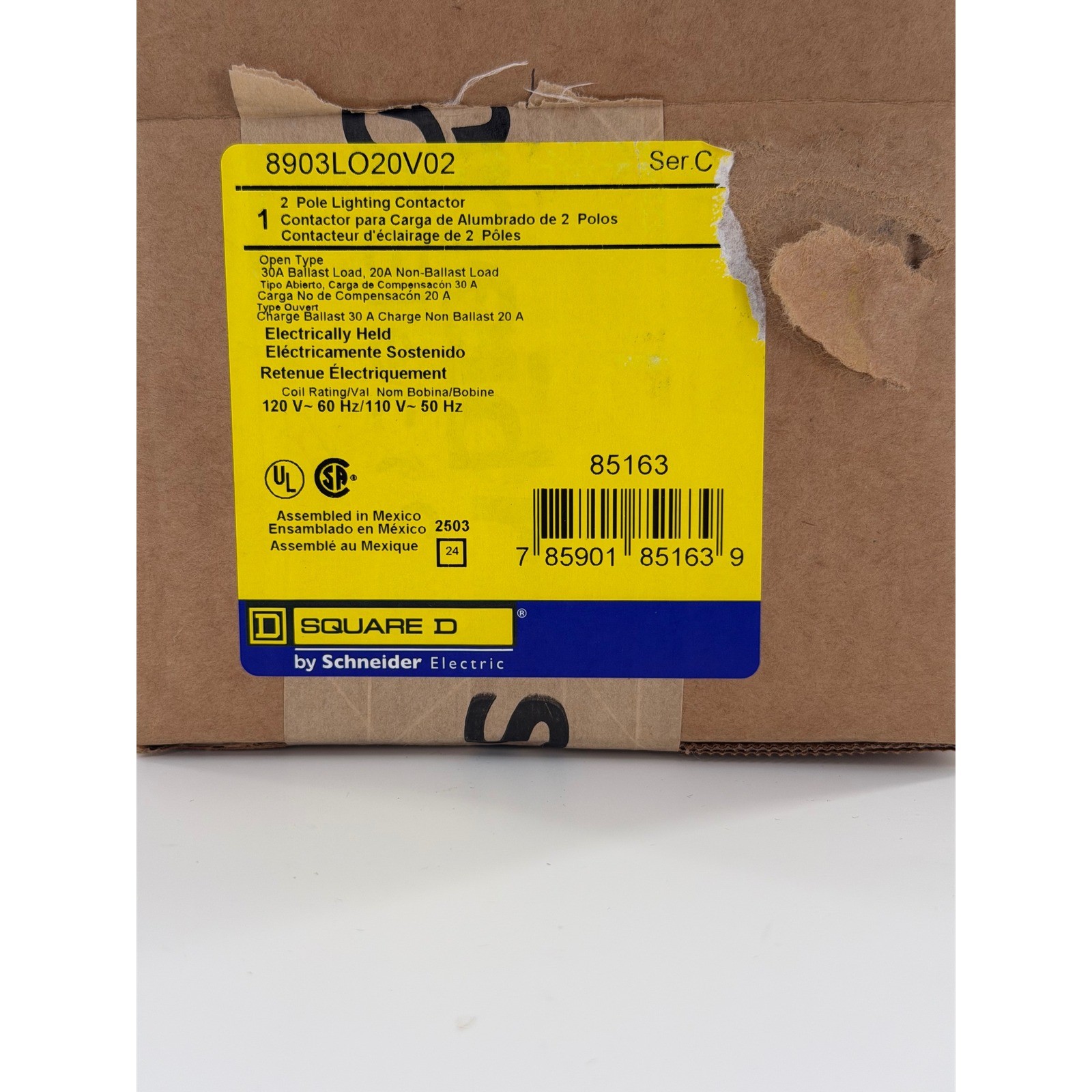 Square D 8903LO20V02 2 Pole Lighting Contactor 30A 120V Electrically Held NEW