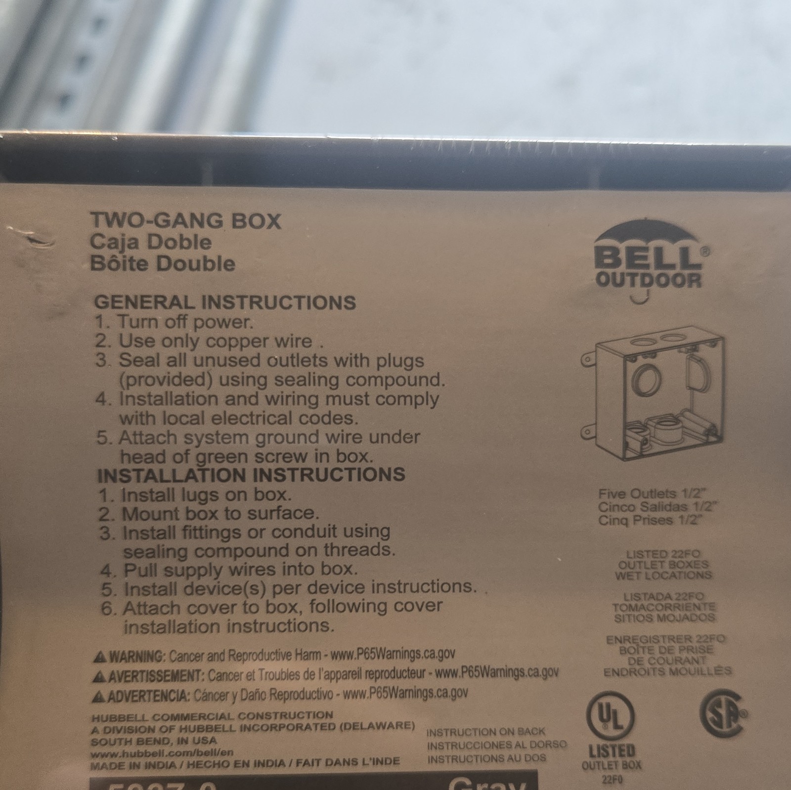 Bell 22FO 2-Gang Weatherproof Metal Outdoor Outlet Box, Gray, 1/2 in