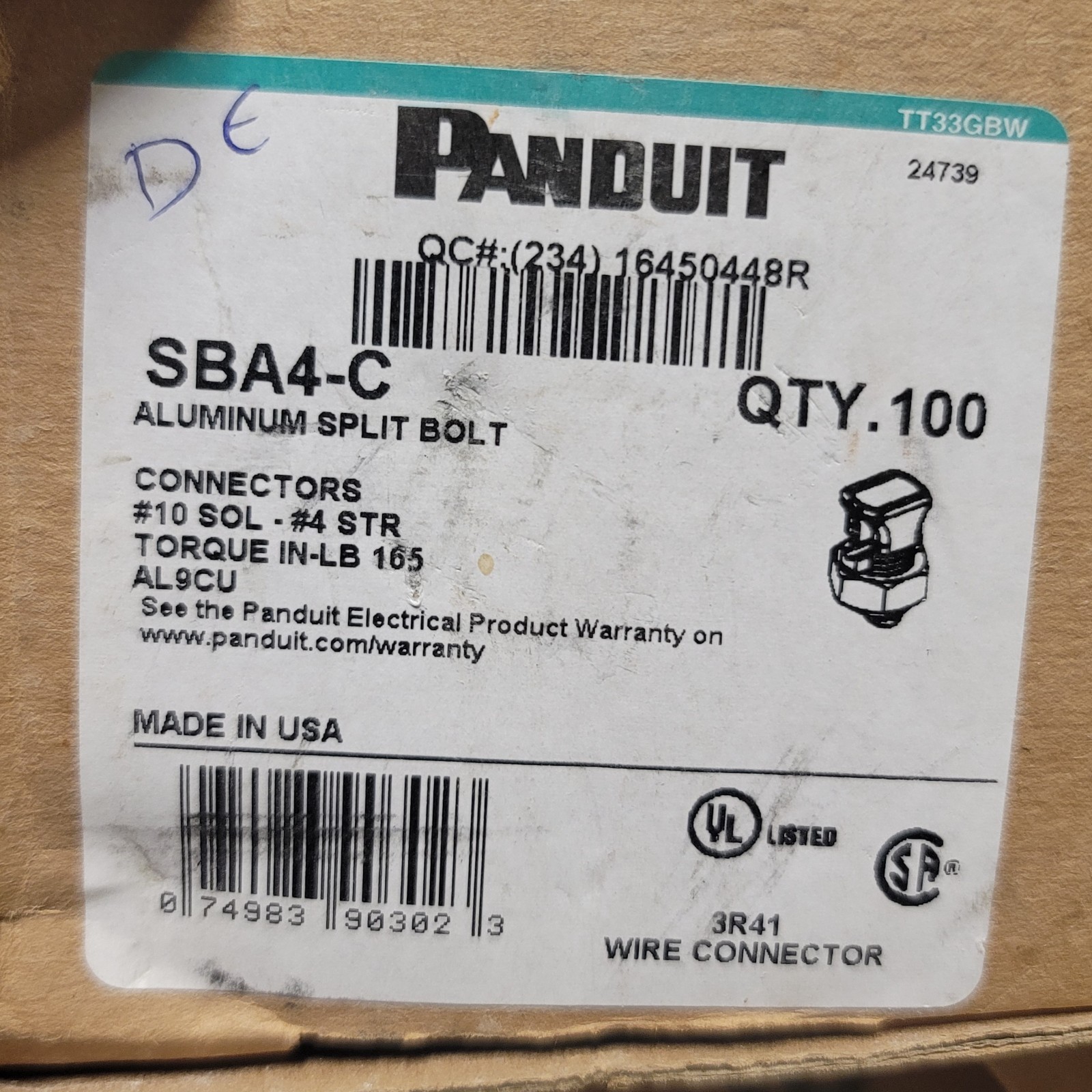 (10 Pack) Panduit SBA4-C Aluminum Split Bolt Lug #4 STR- #10 SOL AWG TYPE SBA