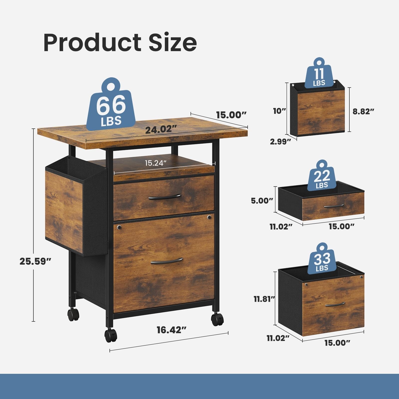 Rolling Mobile File Cabinet w/2 Drawers&Open Storage Shelf Office Printer Stand