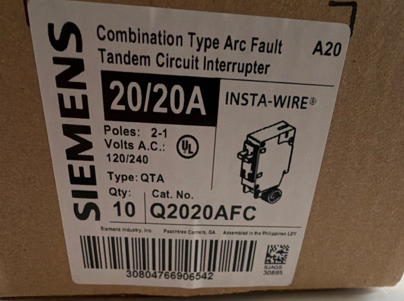 Siemens 10 Pack 20/20A Combination Arc Fault Tandem Circuit Interrupter Q2020AFC