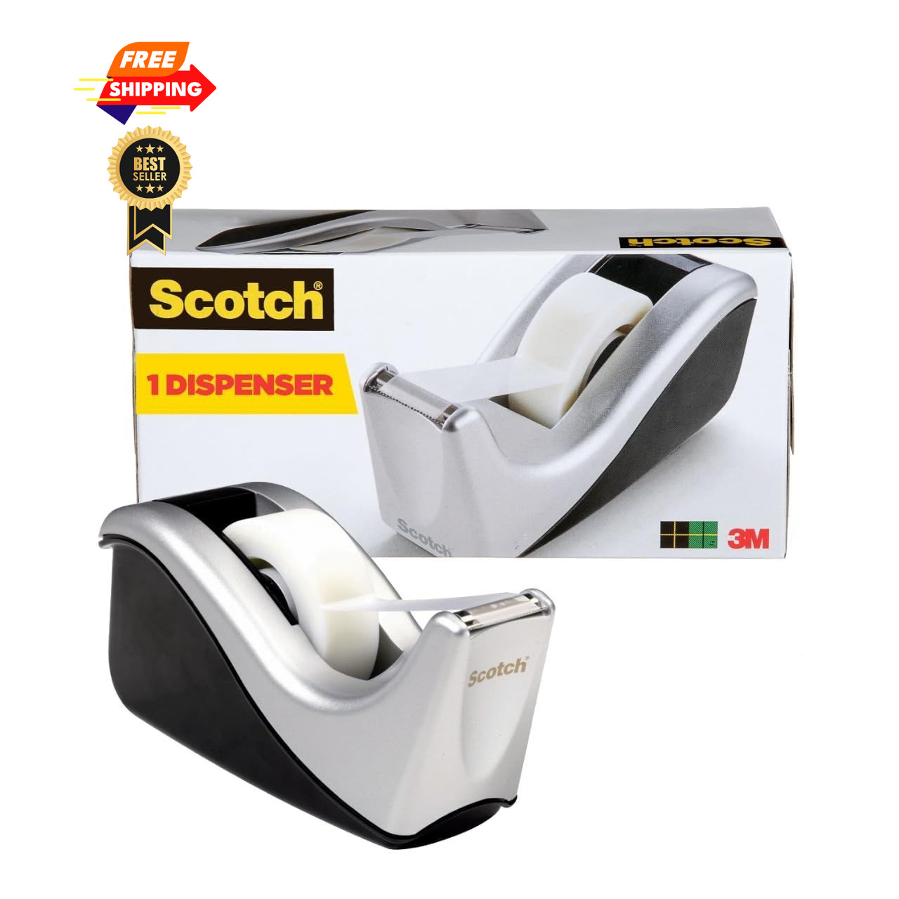 Scotch Desktop Tape Dispenser, Silvertech 1 Count (Pack of 1), Black/Silver