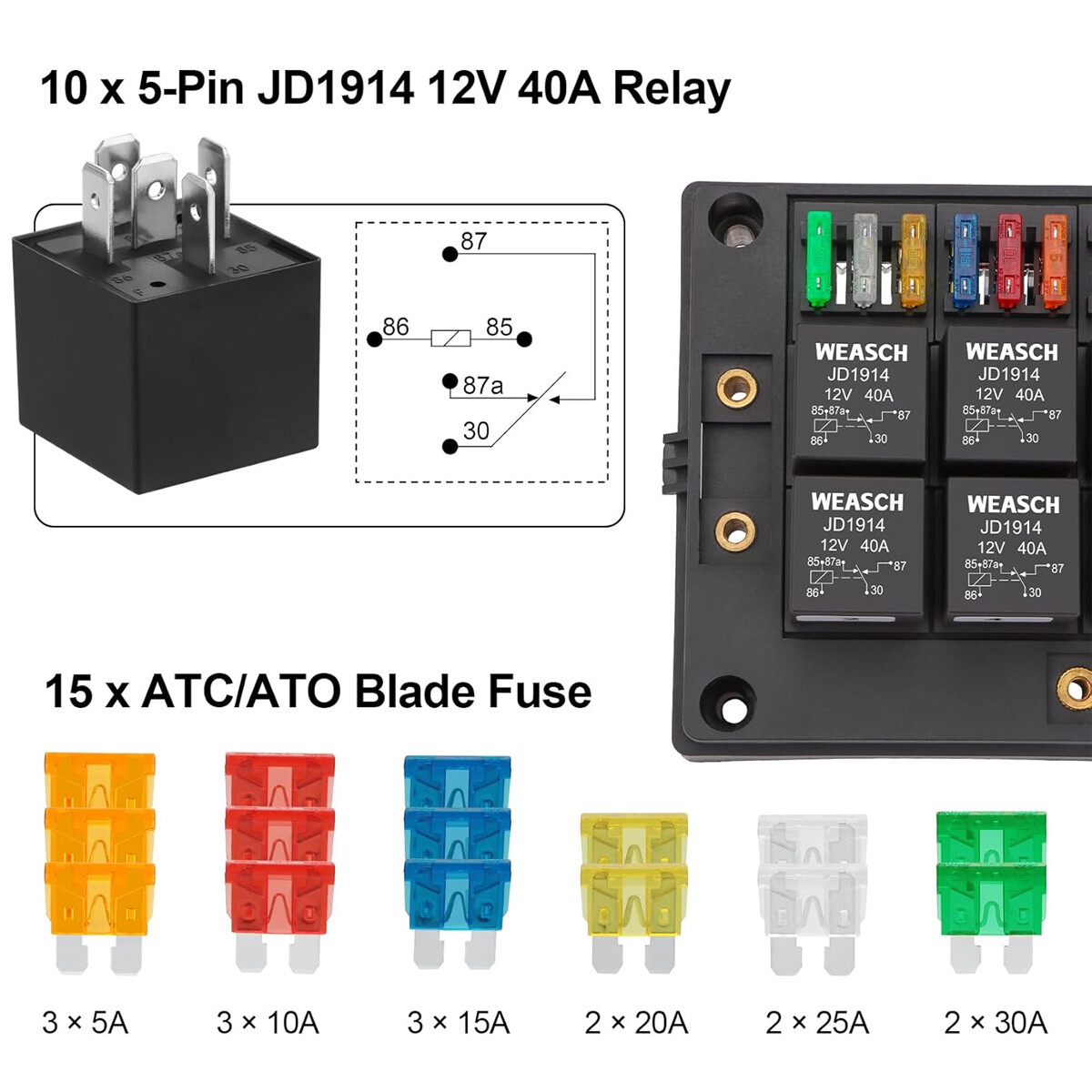 Pre-Wired 15 Slots 10 Way Fuse Relay Box 12V Automotive, Fuse Relay Block New