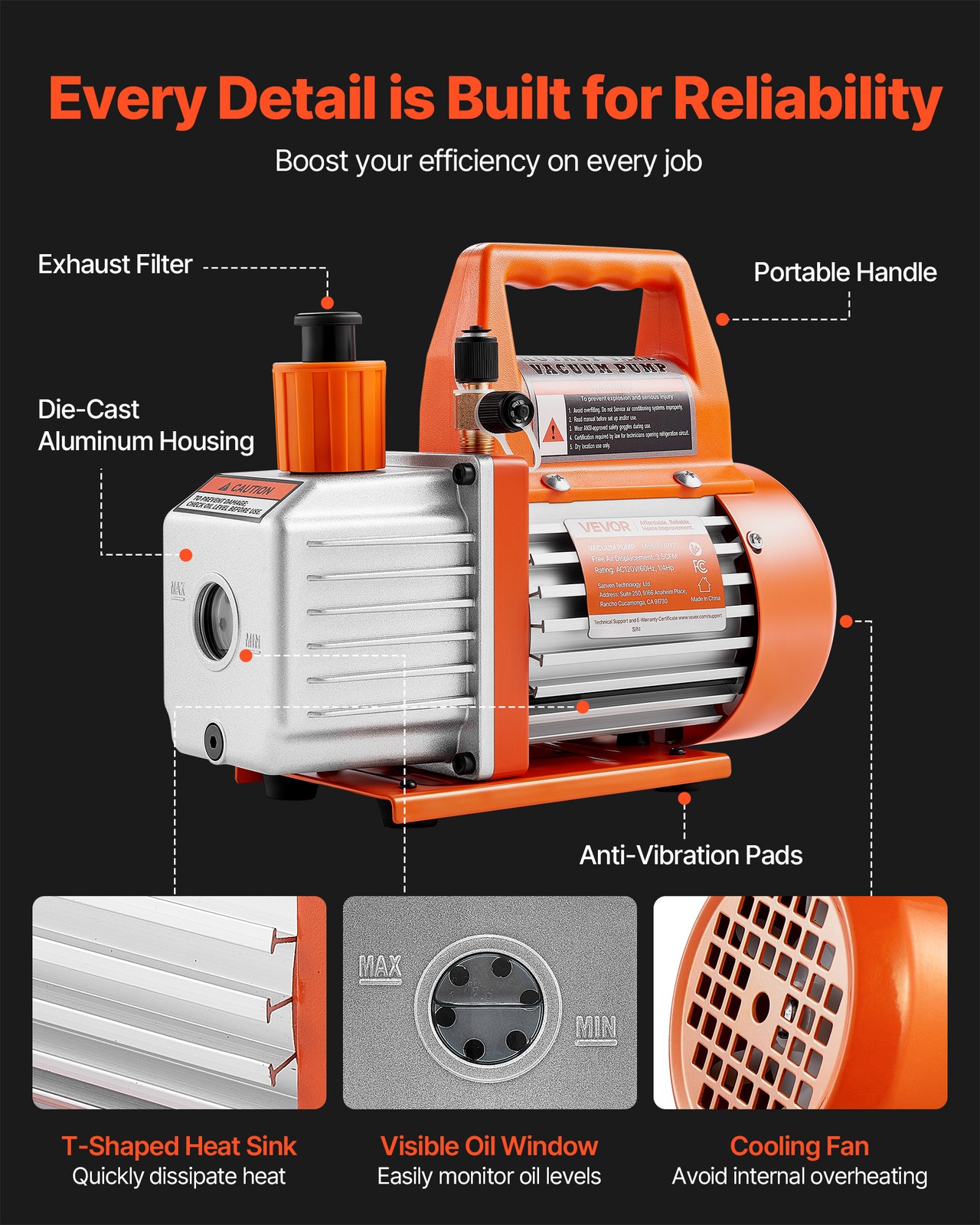 VEVOR AC Vacuum Pump 3.5 CFM HVAC Single Stage Rotary Vane Vacuum Pump