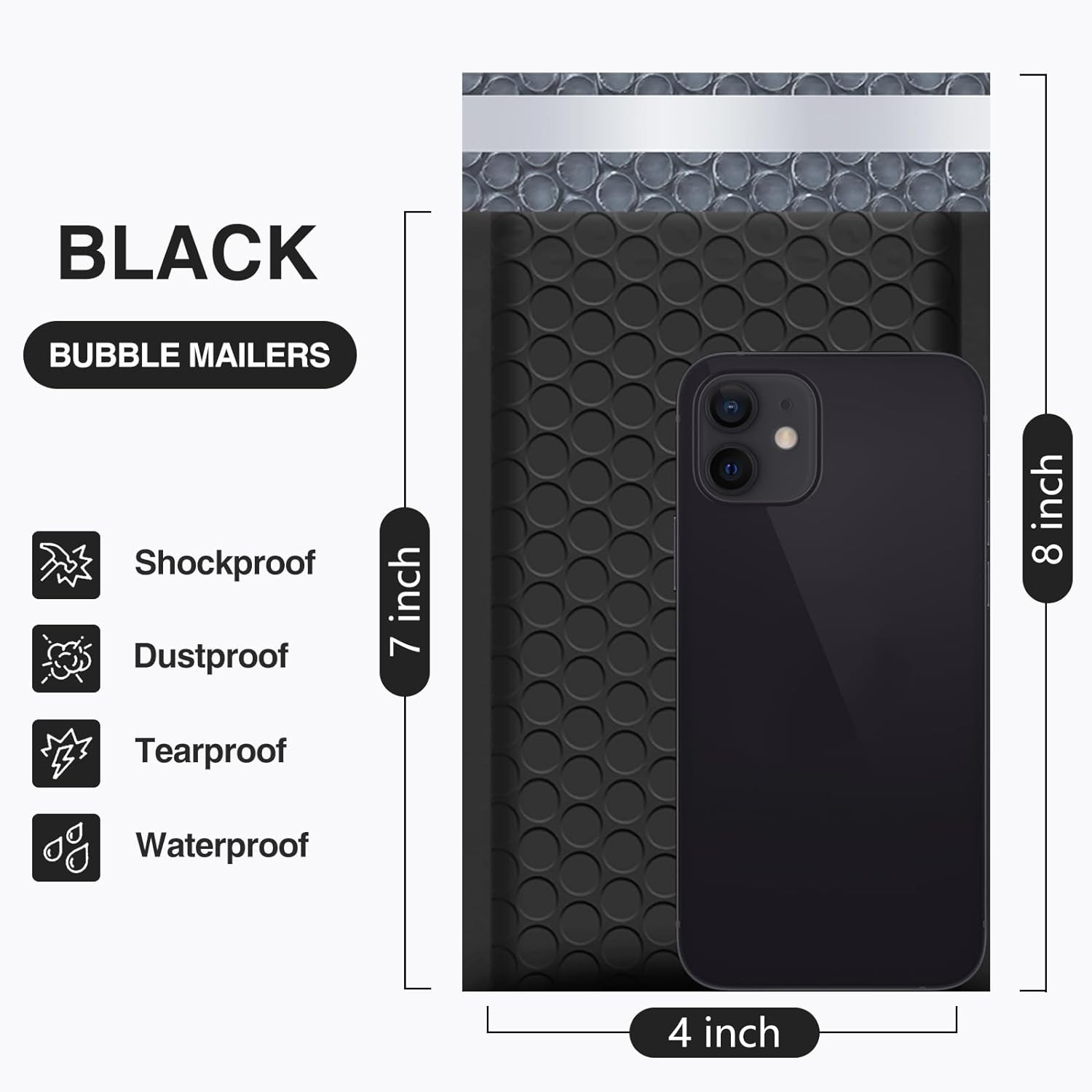 50 Black Bubble Mailers, 4X8 Inch Poly Padded Envelopes for Small Business