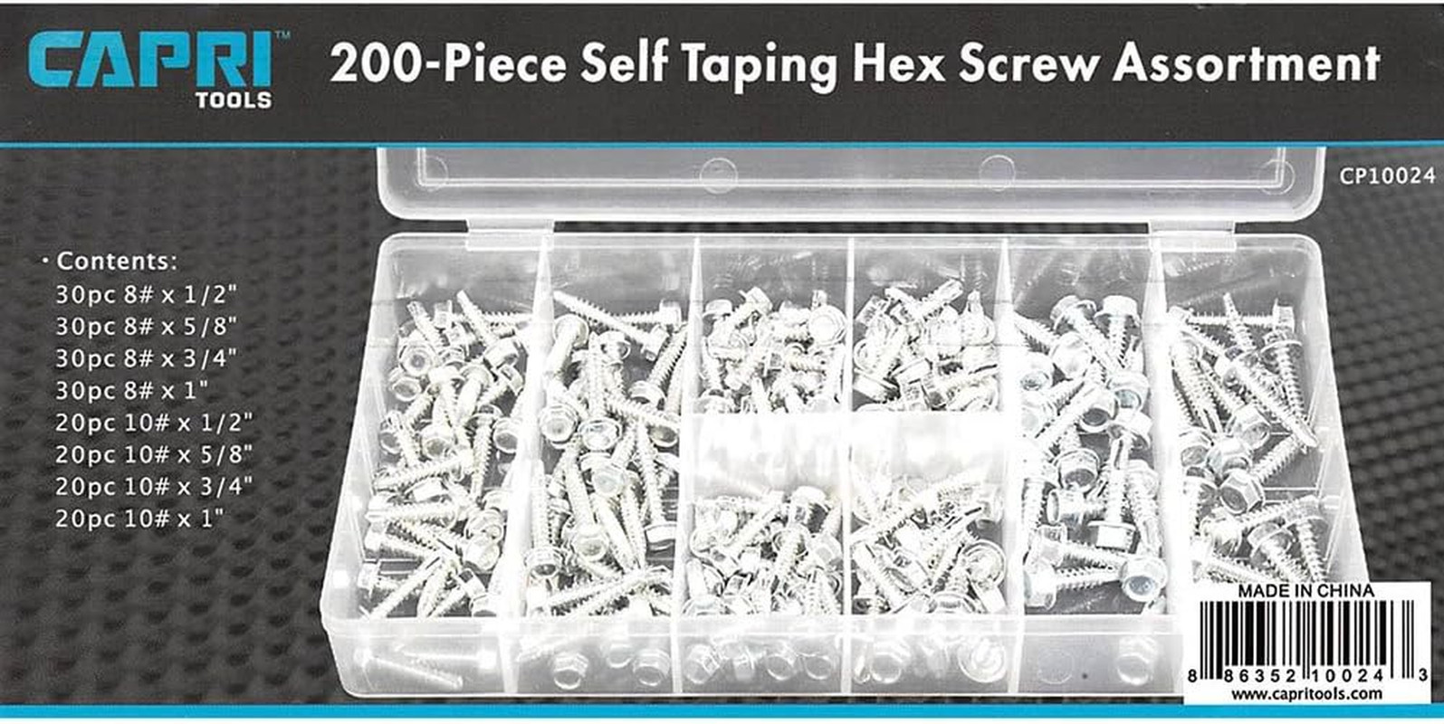 10024 Hex Self Tapping Screw Assortment, 200-Piece, Silver, Model Number: CP1002