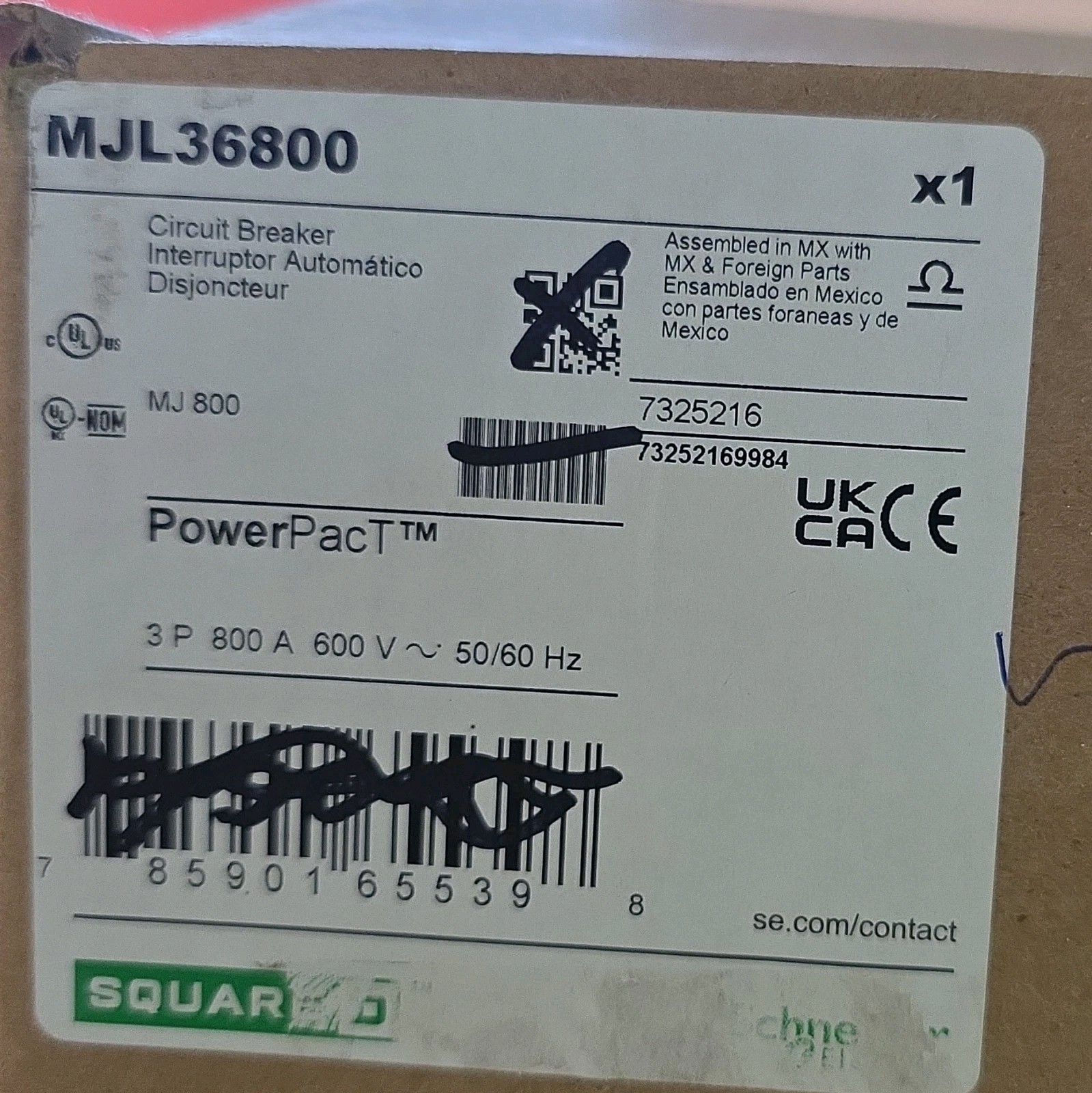 New 800A I LineSquare D PowerPacT MJL36800 Ckt Brkr 800A 3-Pole 600V AC Trip Ind