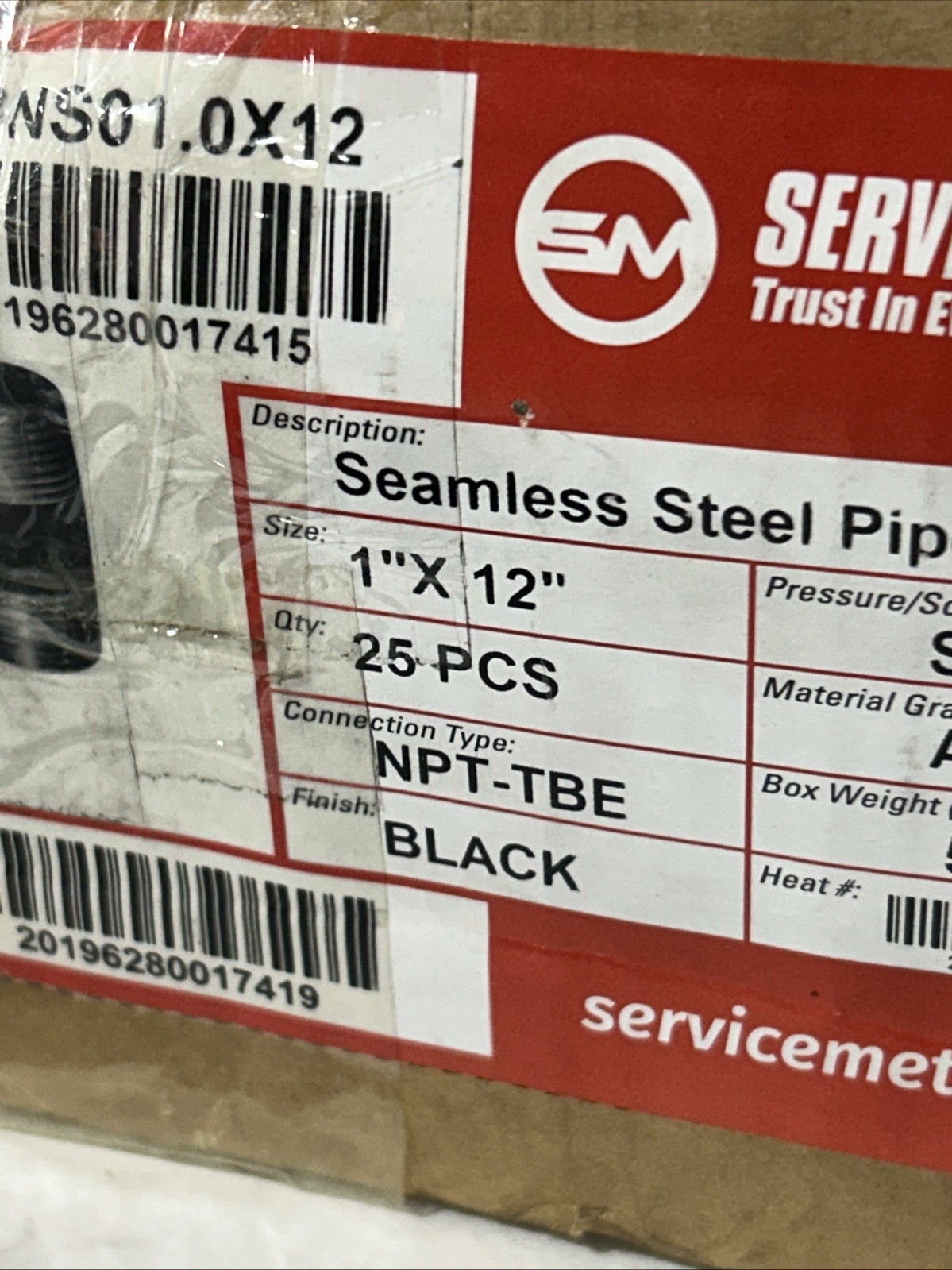 1”x12” Seamless Steel Pipe Nipple Schedule 80. Black, Npt, Service Metal
