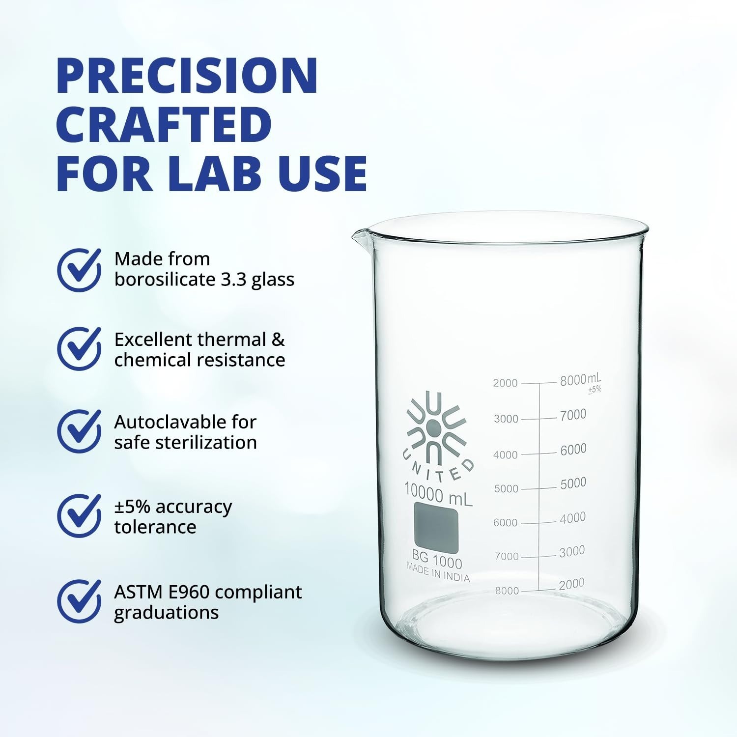 United Scientific Borosilicate Glass Beaker 1000ml Autoclavable