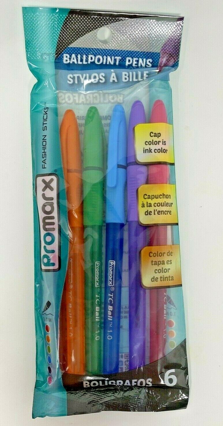 12 Promarx Fashion Stick Ballpoint Pens, 1.0 mm, Assorted Colored Ink, 6 Pack X2