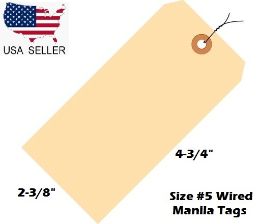 100 Pack Size 5 Manila Inventory Shipping Hang Tags with Wire 4 3/4″ x 2 3/8″