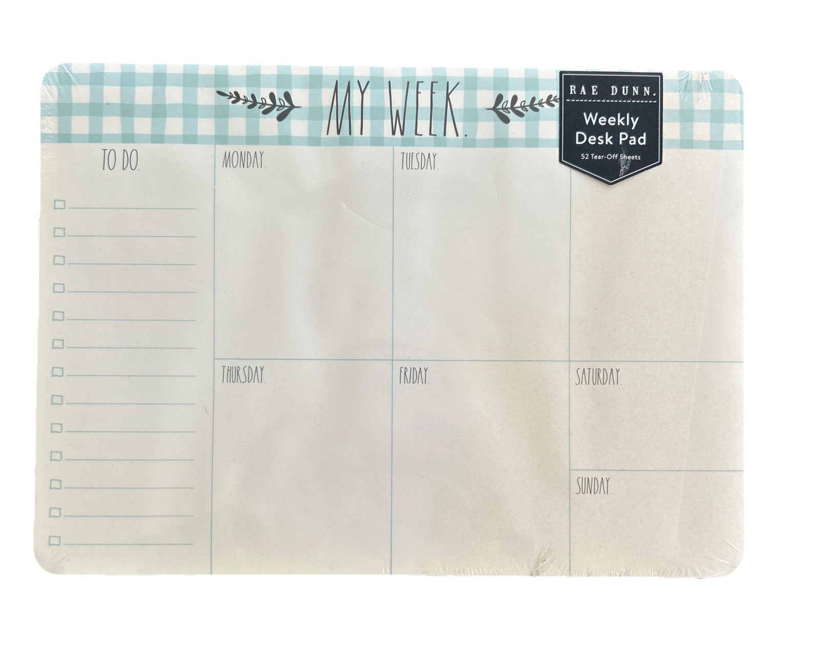 NEW Rae Dunn My Weekly Desk Pad Gingham Blue White 52 Sheets 10″ x 7.5″ SEALED