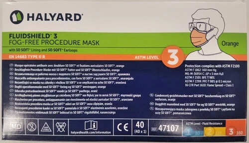 CASE of 400 LEVEL 3 “FOG FREE” Procedure Masks ORANGE Halyard FLUIDSHIELD* 47107