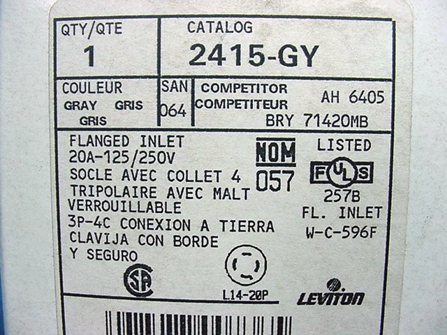 Leviton Gray L14-20P Locking Flanged Inlet Turn Twist Plug 20A 125/250V 2415-GY