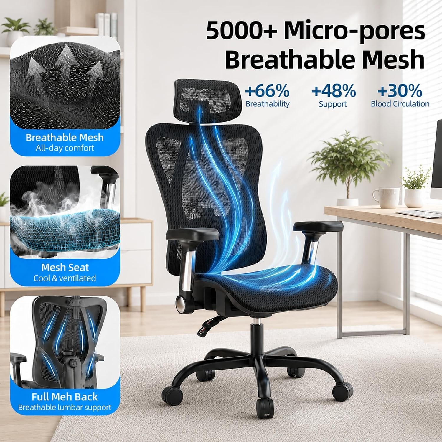 Ergonomic Office Chair, Full Mesh Desk Chair with 5D Armrests, Adjustable Lumbar