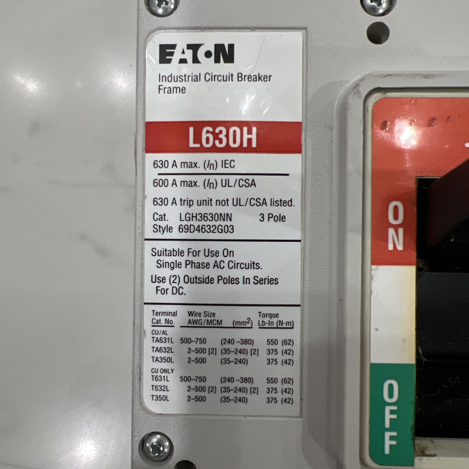 Eaton Circuit Breaker LGH3630NN 600 Amp 600Volt 3 pole W/Trip Unit