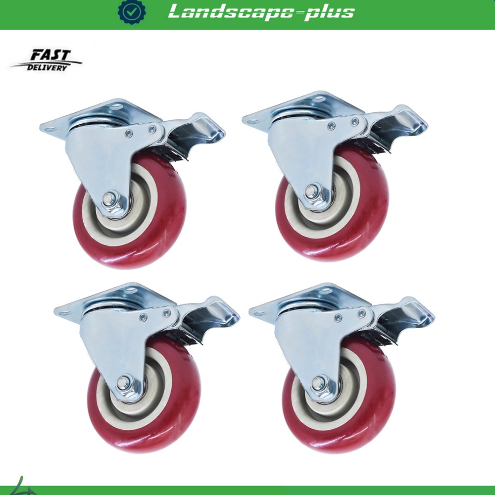 4 Pack 4″ Caster Wheels Swivel Plate Total Lock Brake Red Polyurethane PU