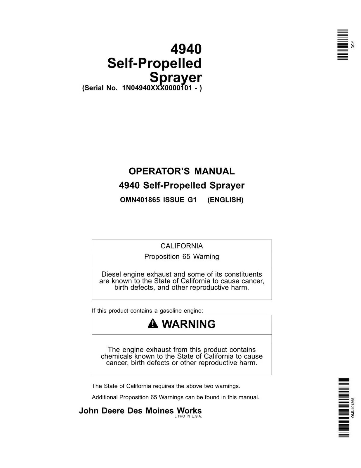 JOHN DEERE 4940 SPRAYER OPERATORS MANUAL 000101-023000