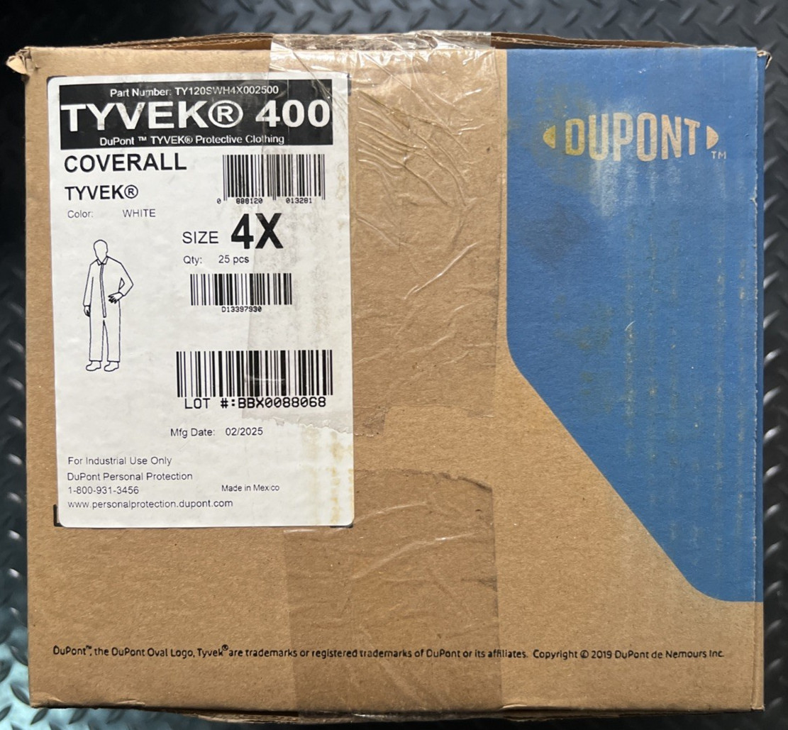 DUPONT Coveralls 4XL Tyvek 400 Open Wrist Open Ankle White 25PK