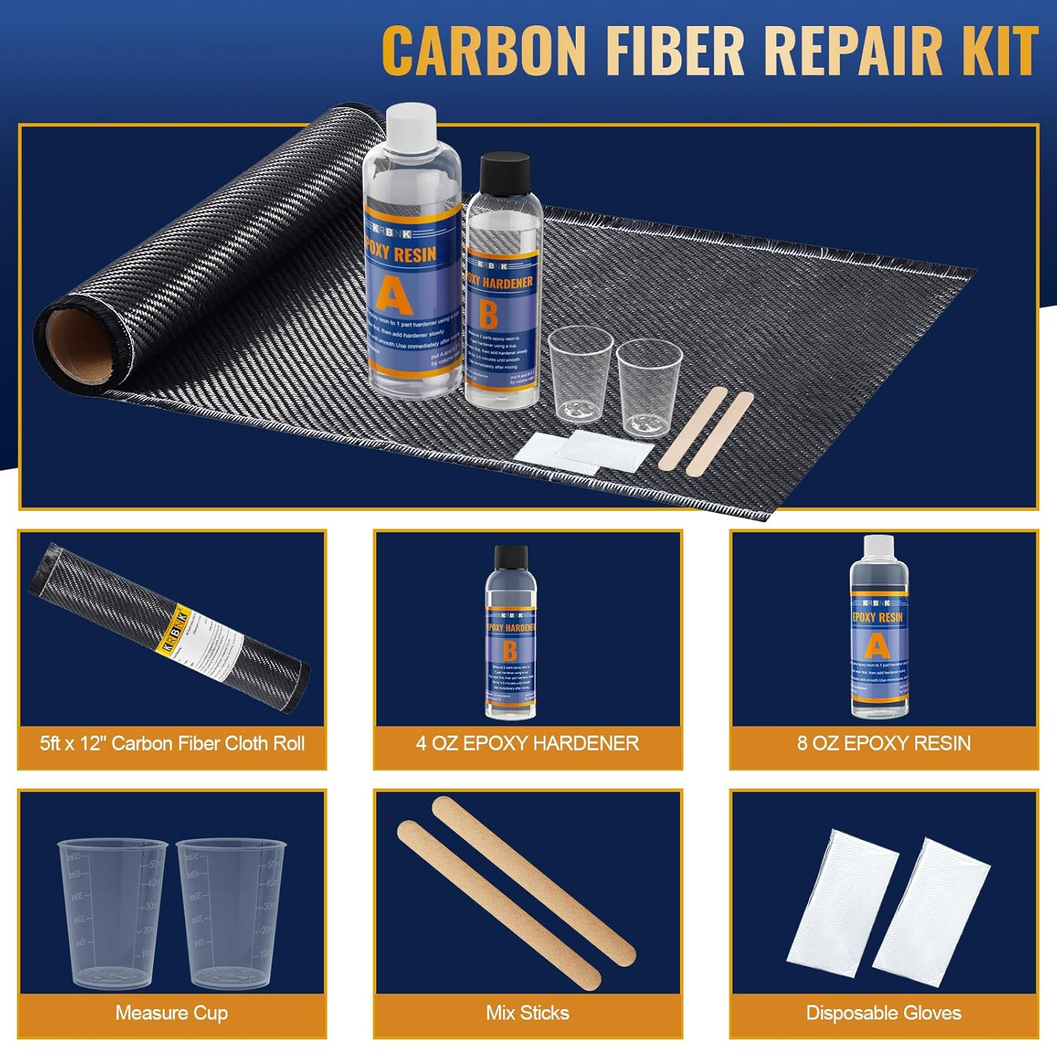 5FT Carbon Fiber Repair Kit 12 Carbon Fiber Cloth Roll 8OZ Epoxy Resin 4OZ H