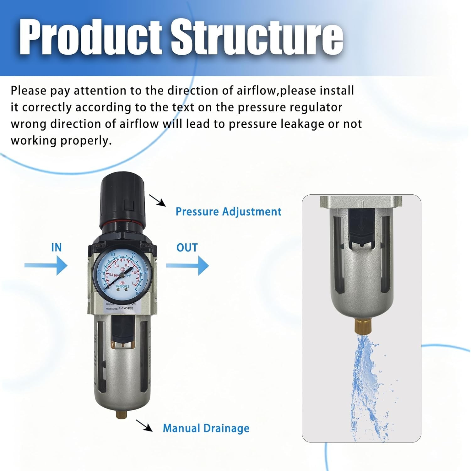 1/2″ NPT Compressed Air Filter Regulator Combo with Semi-Auto Drain 0-150 PSI