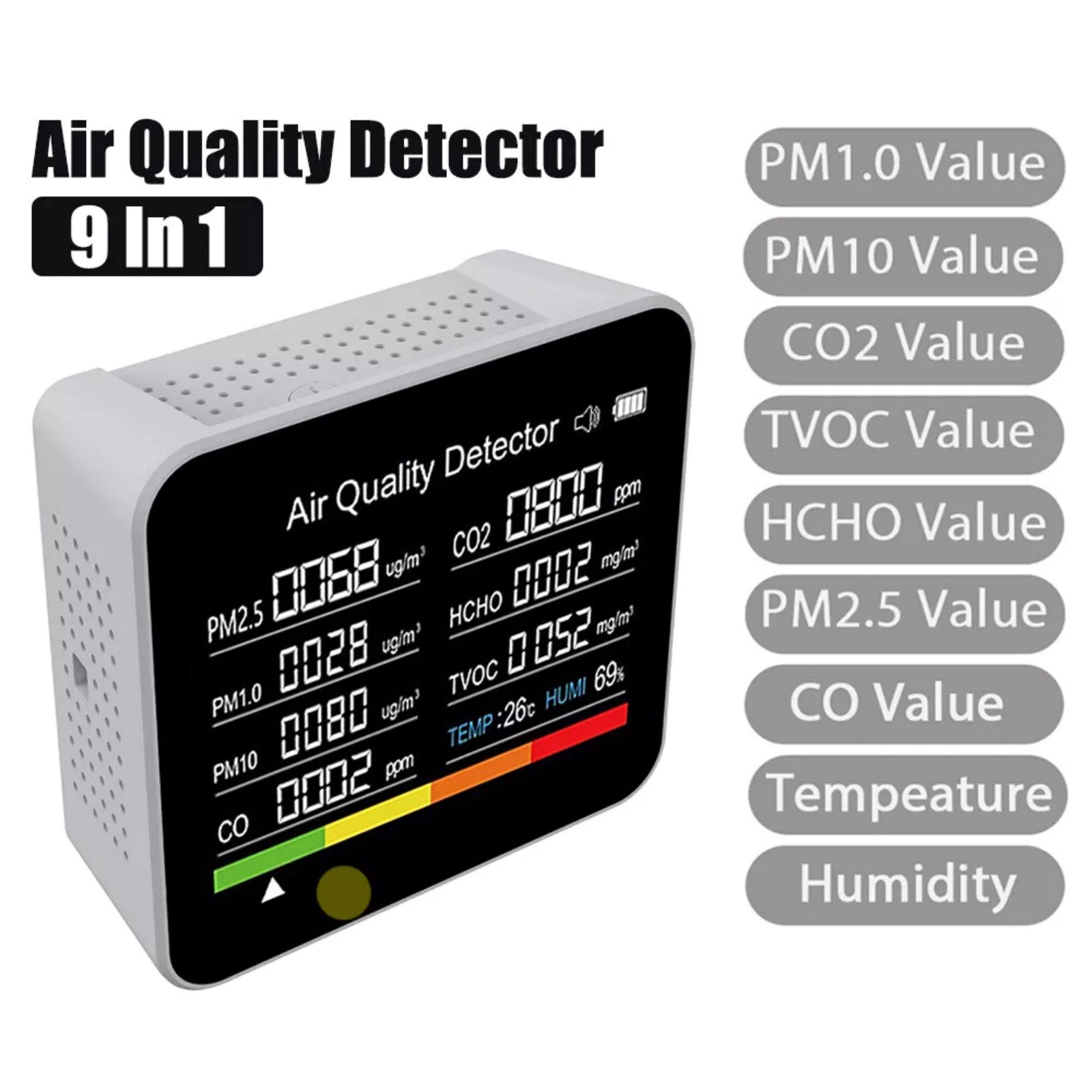 9-in-1 Air Quality Monitor Indoor Carbon Monoxide Detector PM2.5/1.0/10 HCHO