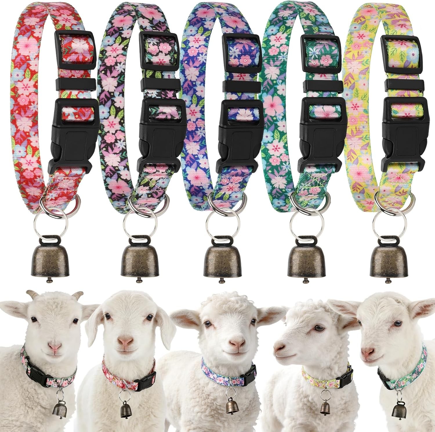 5 Pack Goat Collars with Bells, Adjustable Nylon Collar Set pet and Horse Sheep